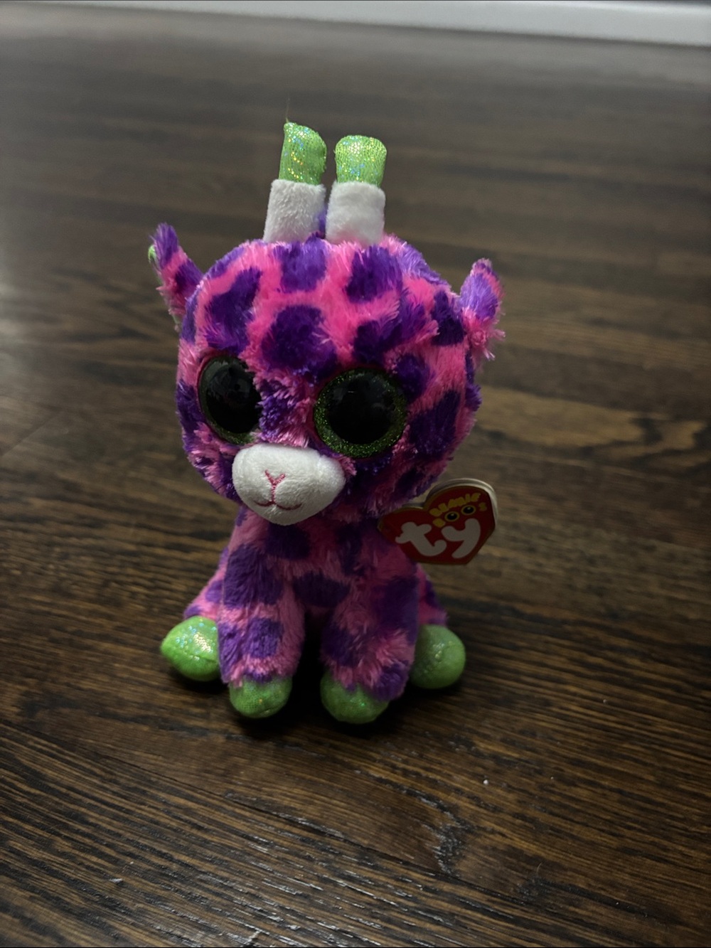 Ty Beanie Boo Plush Giraffe in Pink, Purple & Green Glitter